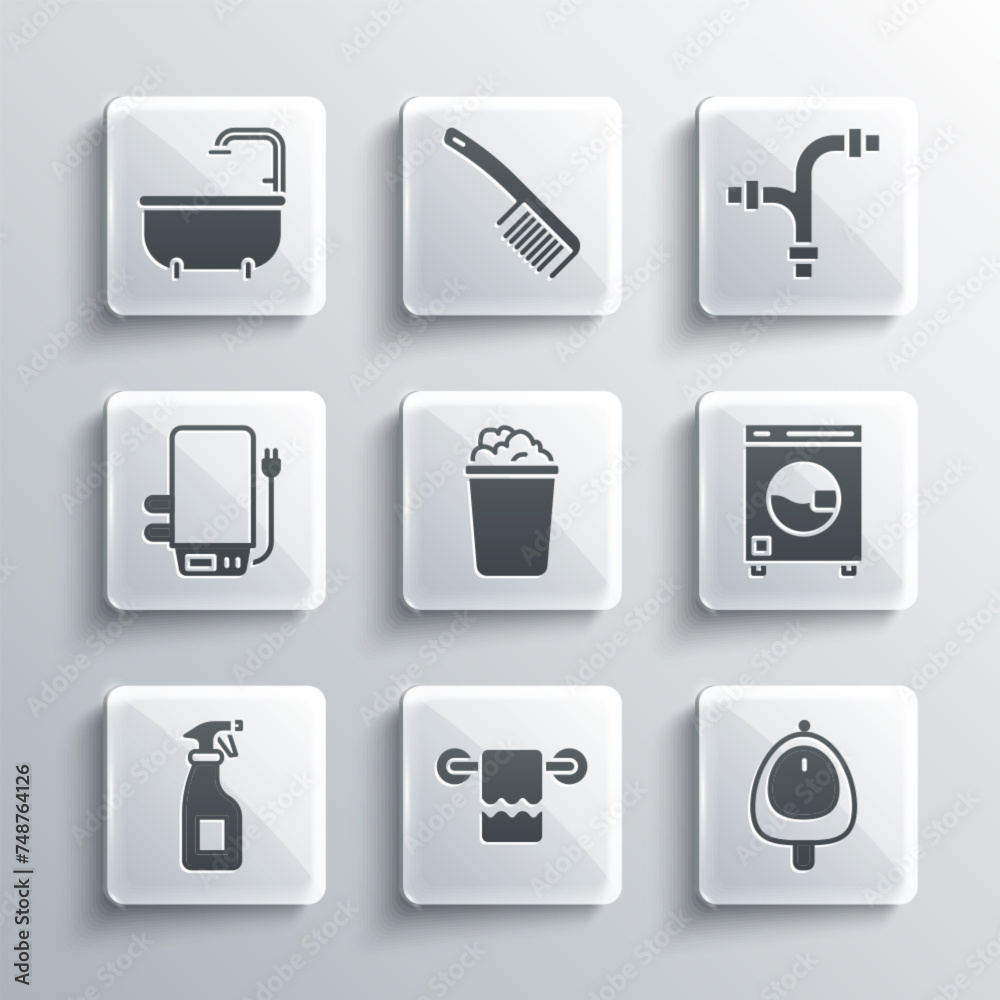 Set Towel on a hanger, Toilet urinal or pissoir, Washer, Bucket with soap suds, Cleaning spray bottle, Electric boiler, Bathtub and Industry metallic pipe icon. Vector Set Towel on a hanger, Toilet urinal or pissoir, Washer, Bucket with soap suds, Cleaning spray bottle, Electric boiler, Bathtub and Industry metallic pipe icon. Vector