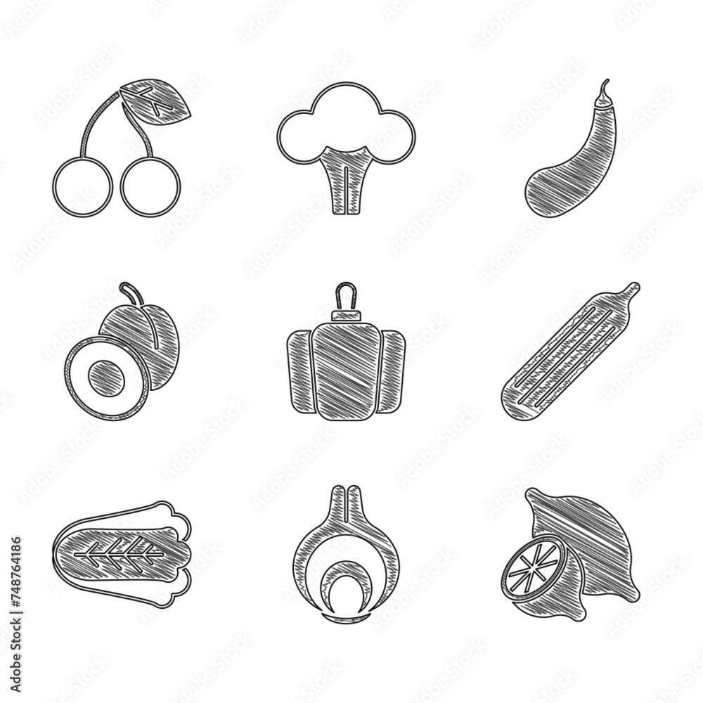 Set Bell pepper, Onion, Lemon, Fresh cucumber, Cabbage, Plum fruit, Eggplant and Cherry icon. Vector Set Bell pepper, Onion, Lemon, Fresh cucumber, Cabbage, Plum fruit, Eggplant and Cherry icon. Vector