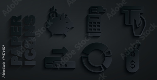Set Pie chart infographic, Credit card inserted, Pos terminal, Price tag with dollar, Cash register machine and Piggy bank coin icon. Vector