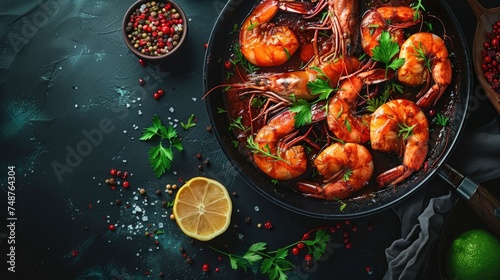 Frying shrimp in a pan. chef preparing shrimp against a black backdrop. Generative Ai