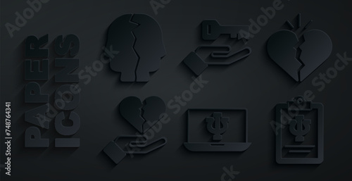 Set Psychologist online, Broken heart or divorce, Psychology, Psi, Solution to the problem and Bipolar disorder icon. Vector