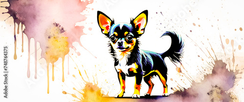 Illustration of a long haired Chihuahua in watercolor style. Portrait of a small dog with pointy ears. Abstract watercolor background with splashes.  photo