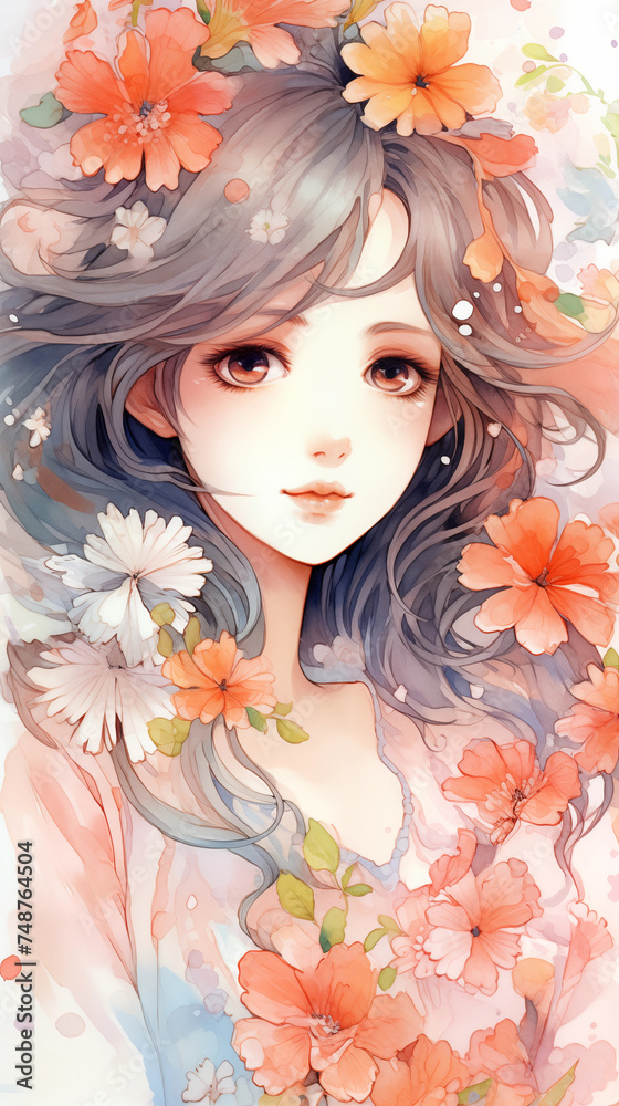 Hand drawn watercolor illustration of beautiful girl among flowers
