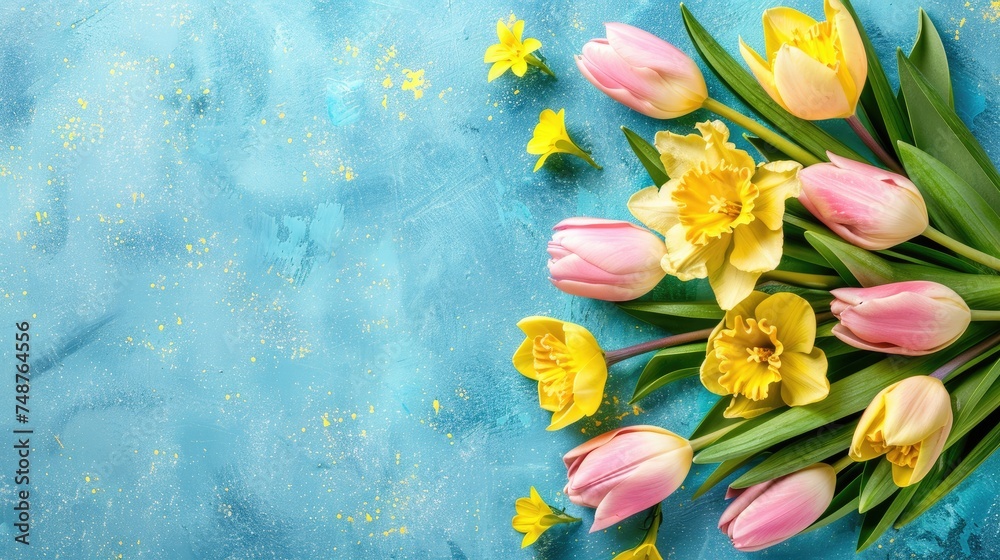 Bouquet of tulips and daffodils on blue Bouquet of tulips and daffodils on blue