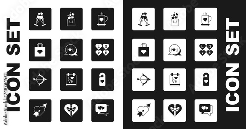 Set Coffee cup and heart, Speech bubble text I love you, Shopping bag with, Glass champagne, Love, Please do not disturb and Bow arrow icon. Vector