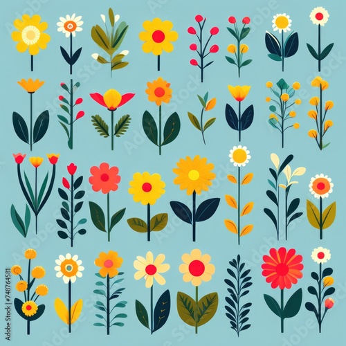 Set of Stylized Flat Design Flowers on a Soft Background