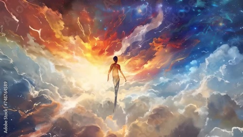 A human figure ascending towards the heavens, surrounded by swirling clouds, spiritual concept