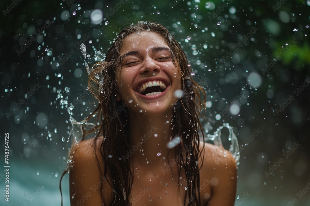 women Laughing hysterically as the water splashes around her, feeling weightless and carefree.