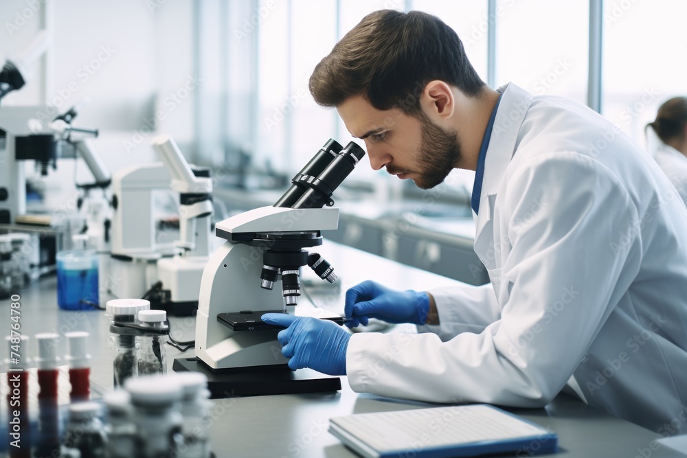 Male lab technician using microscope for blood sample analysis Male lab technician using microscope for blood sample analysis