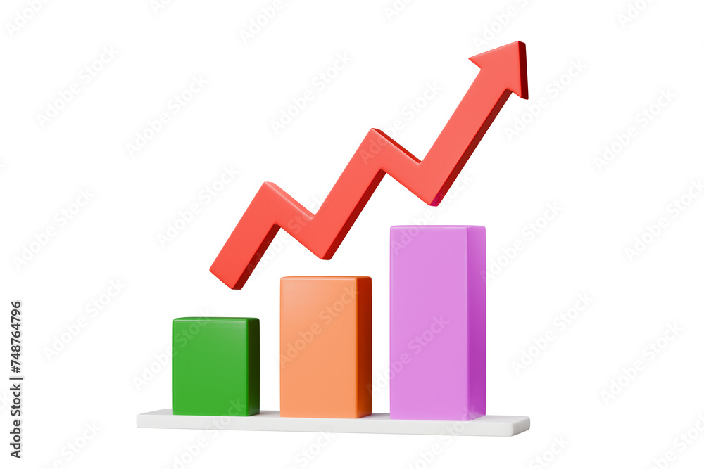 3d Red arrow with Graphs bar charts, diagrams, bars with growth red arrow on yellow isolated background. analytics online investment exchange, finance business economics. minimal cartoon. 3D rendering