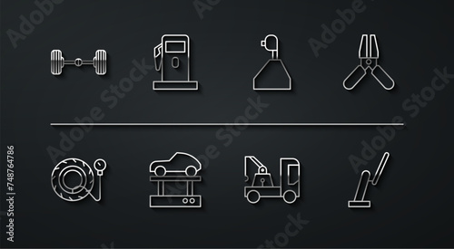 Set line Chassis car, Tire pressure gauge, Car battery jumper power cable, Tow truck, Repair on lift, Petrol or Gas station, Windscreen wiper and Gear shifter icon. Vector