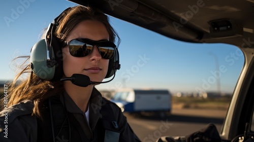 Female pilot preparing for takeoff in small aircraft