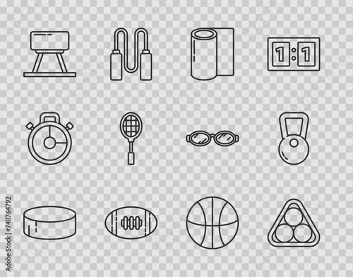Set line Hockey puck, Billiard balls in a rack triangle, Fitness mat roll, American Football, Pommel horse, Tennis racket, Basketball and Kettlebell icon. Vector