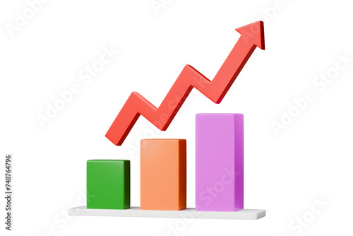 3d Red arrow with Graphs bar charts, diagrams, bars with growth red arrow on yellow isolated background. analytics online investment exchange, finance business economics. minimal cartoon. 3D rendering