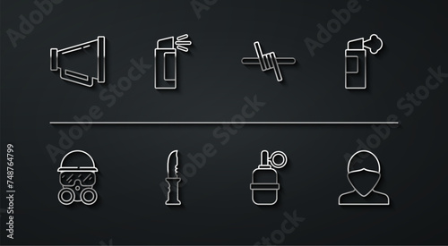Set line Megaphone, Gas mask, Pepper spray, Hand grenade, Military knife, Vandal and Barbed wire icon. Vector