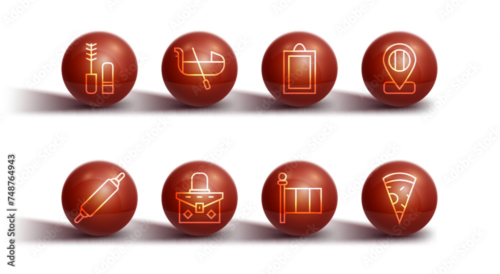 Set line Mascara brush, Rolling pin, Location flag Italy, Flag, Handbag, Gondola, Slice of pizza and Picture icon. Vector Set line Mascara brush, Rolling pin, Location flag Italy, Flag, Handbag, Gondola, Slice of pizza and Picture icon. Vector