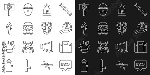 Set line Protest, Police assault shield, Peace, Flasher siren, Gas mask, Torch flame, and icon. Vector