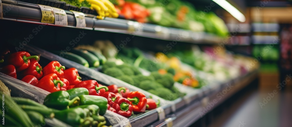 A bustling produce section in a grocery store filled with various fresh vegetables displayed on shelves. Customers are browsing and selecting their favorite items.