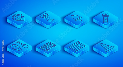 Set line Location with fire flame, Smoke alarm system, Ringing bell, Fire truck, Building of station, Flashlight, shovel and bucket and Traffic cone icon. Vector