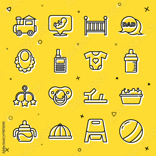 Set line Beach ball, Baby bathtub, bottle, crib cradle, Monitor Walkie Talkie, bib, Toy train and clothes icon. Vector