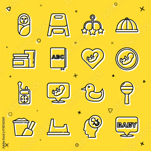 Set line Baby, Rattle baby toy, crib hanging toys, ABC book, food, Newborn infant swaddled and inside heart icon. Vector