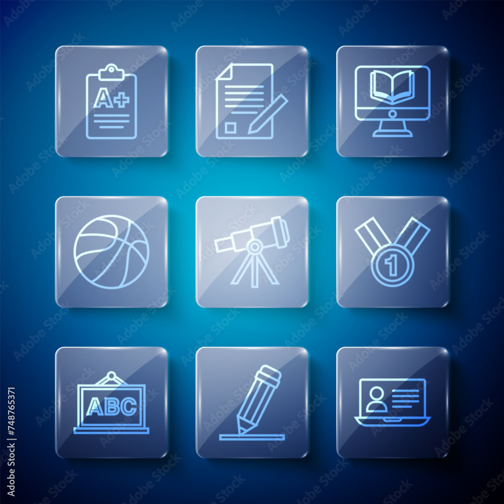 Set line Chalkboard, Pencil with eraser, Online class, Telescope, Basketball ball, Exam sheet A plus grade and Medal icon. Vector Set line Chalkboard, Pencil with eraser, Online class, Telescope, Basketball ball, Exam sheet A plus grade and Medal icon. Vector