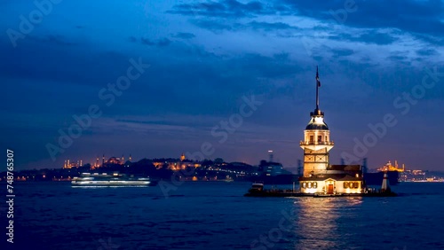 Istanbul The Maiden's Tower (Turkish: Kız Kulesi), also known as Leander's Tower (Tower of Leandros) time lapse at night from day to night, istanbul skyline. photo