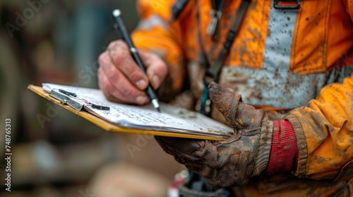 Construction Worker Writing on Clipboard