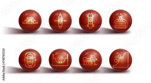 Set line Formula 1 racing car, Rafting boat, Ski lift, Snowmobile, Skate park, Kayak canoe, Landslide and Longboard skateboard icon. Vector