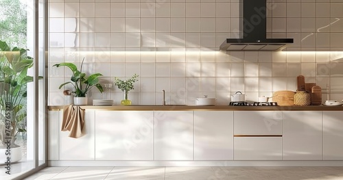 Modern Elegance - A Beige Kitchen Counter Against a White Square Tiled Backsplash photo