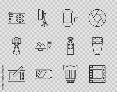 Set line Graphic tablet, Camera roll cartridge, Battery for camera, Photo, retouching, photo lens and flash icon. Vector