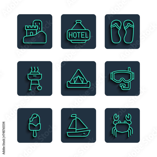 Set line Ice cream, Yacht sailboat, Crab, Flip flops, Tourist tent, Barbecue grill, Sand castle and Diving mask icon. Vector