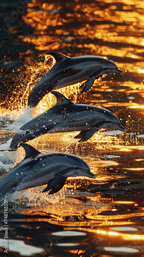 Dolphin pod dancing in the shimmering sunset waters of the Pacific