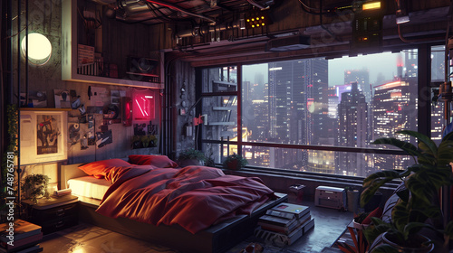 Futuristic Cityscape Bedroom View