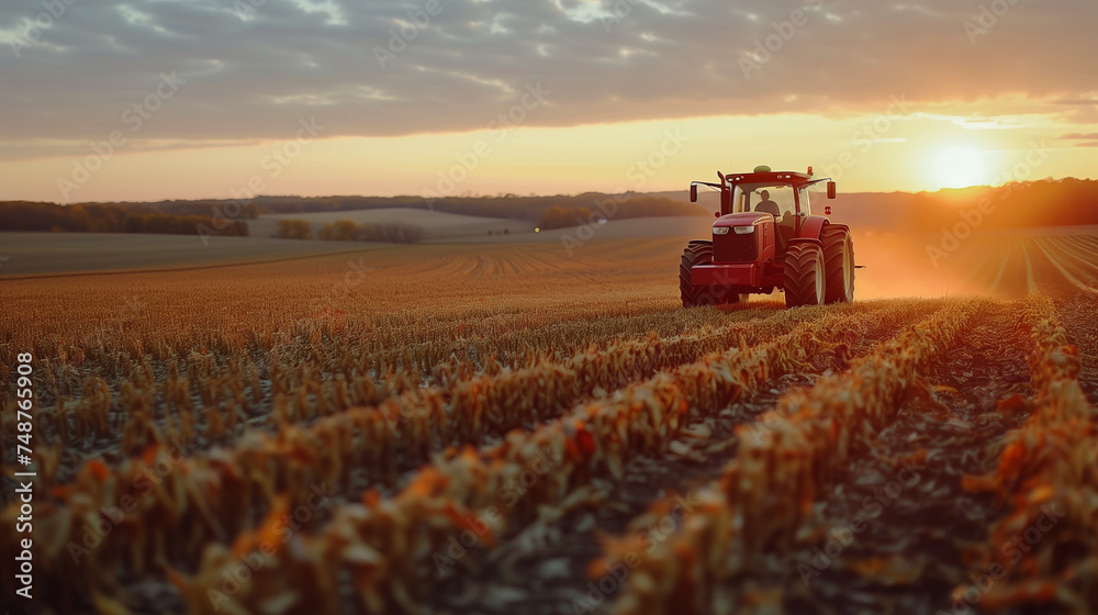 Beautiful Red Big Tractor Parked on the Field in the Shiny Day. Tractor spraying pesticides on rice, vegetables and corn with sprayer at spring. Modern red tractor seeding directly into the stubble. Beautiful Red Big Tractor Parked on the Field in the Shiny Day. Tractor spraying pesticides on rice, vegetables and corn with sprayer at spring. Modern red tractor seeding directly into the stubble.