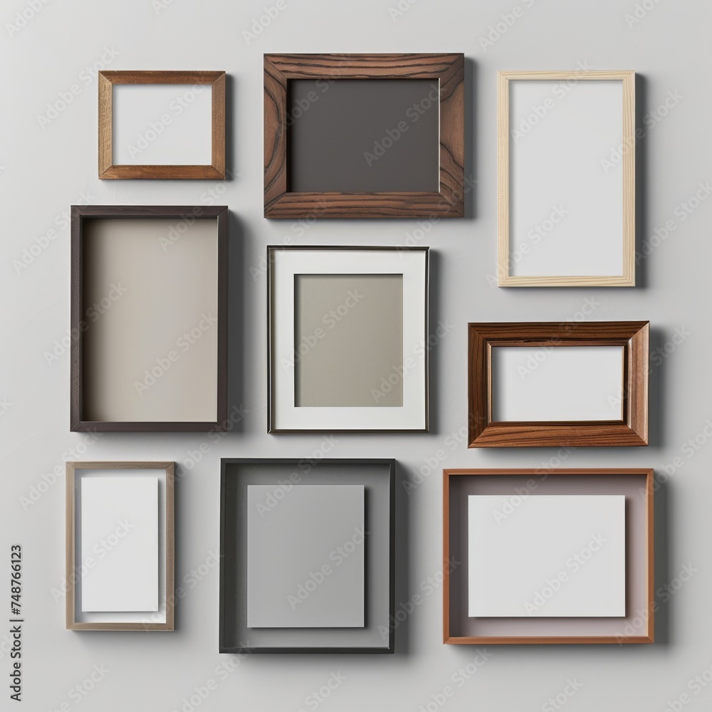 A variety of empty picture frames arranged in a flat lay configuration on a plain backdrop.