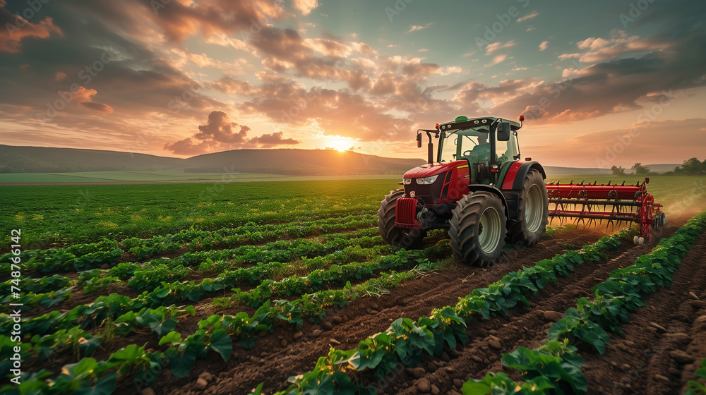 Fototapeta premium Beautiful Red Big Tractor Parked on the Field in the Shiny Day. Tractor spraying pesticides on rice, vegetables and corn with sprayer at spring. Modern red tractor seeding directly into the stubble. 