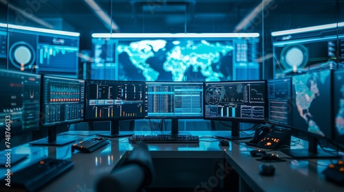 Cybersecurity Command Center: A high tech command center monitoring and protecting against crypto
