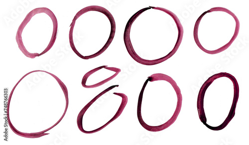 Circles, highlights, classified, handmade with a brush. Pen and marker, shapes isolated on white background. Red ink. collection, set design. Irregular shapes.