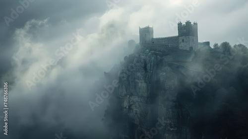 A castle is on top of a mountain, with fog surrounding it