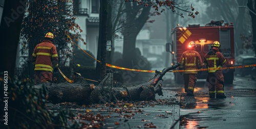 The Courageous Task of Firefighters Removing a Tree Toppled by the Storm