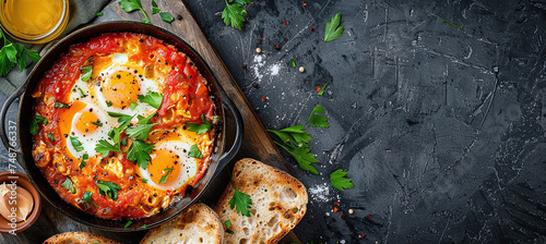 Shakshuka Poached eggs in a spicy tomato-pepper sauce, often served with bread for dipping.