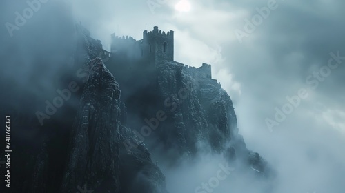 A castle is on top of a mountain with fog surrounding it