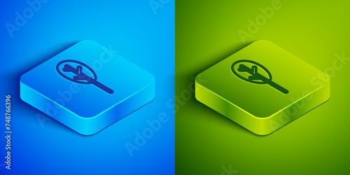 Isometric line Spinach icon isolated on blue and green background. Square button. Vector