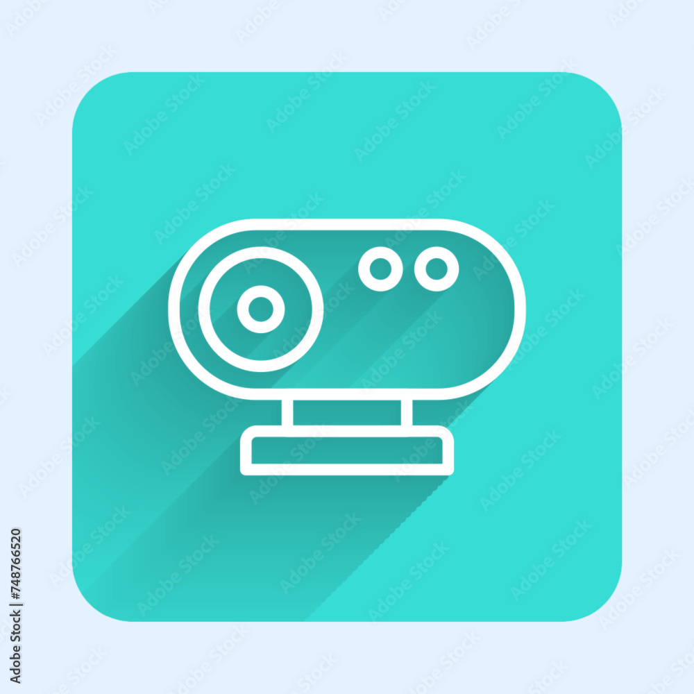 White line Web camera icon isolated with long shadow. Chat camera. Webcam icon. Green square button. Vector White line Web camera icon isolated with long shadow. Chat camera. Webcam icon. Green square button. Vector