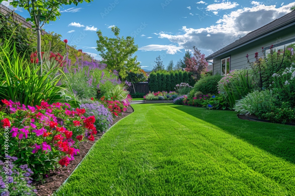 A luxurious suburban home on a sunny summer day, featuring a well-manicured lawn and vibrant flowerbeds.