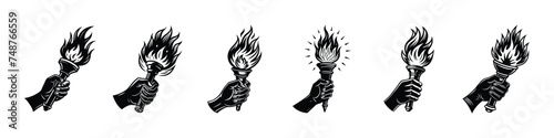 hand holding Flaming torch, hand holding torch icon, Black torch icon. Silhouette hand with flaming torch. Sports concept victory. Hand with flaming torch,  flaming torch. Burning torch flame in hand.
