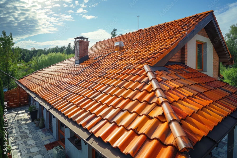 Naklejka premium Close-up view of a dart modern tile roof on a contemporary suburban house, showcasing the texture and pattern.