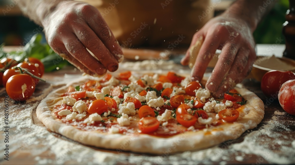 Male hands using flour sprinkles to make pizza dough. Generative Ai