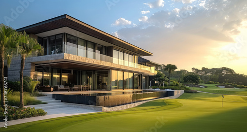 Clubhouse building, modern architecture, luxury, surrounded by golf course. Generative AI.